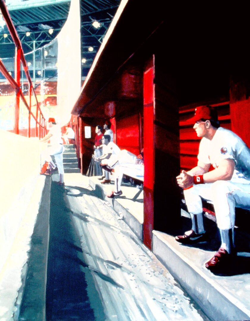 DUGOUT AT NIGHT : LATE INNINGS<br>
1990<br>
60" x 48"
